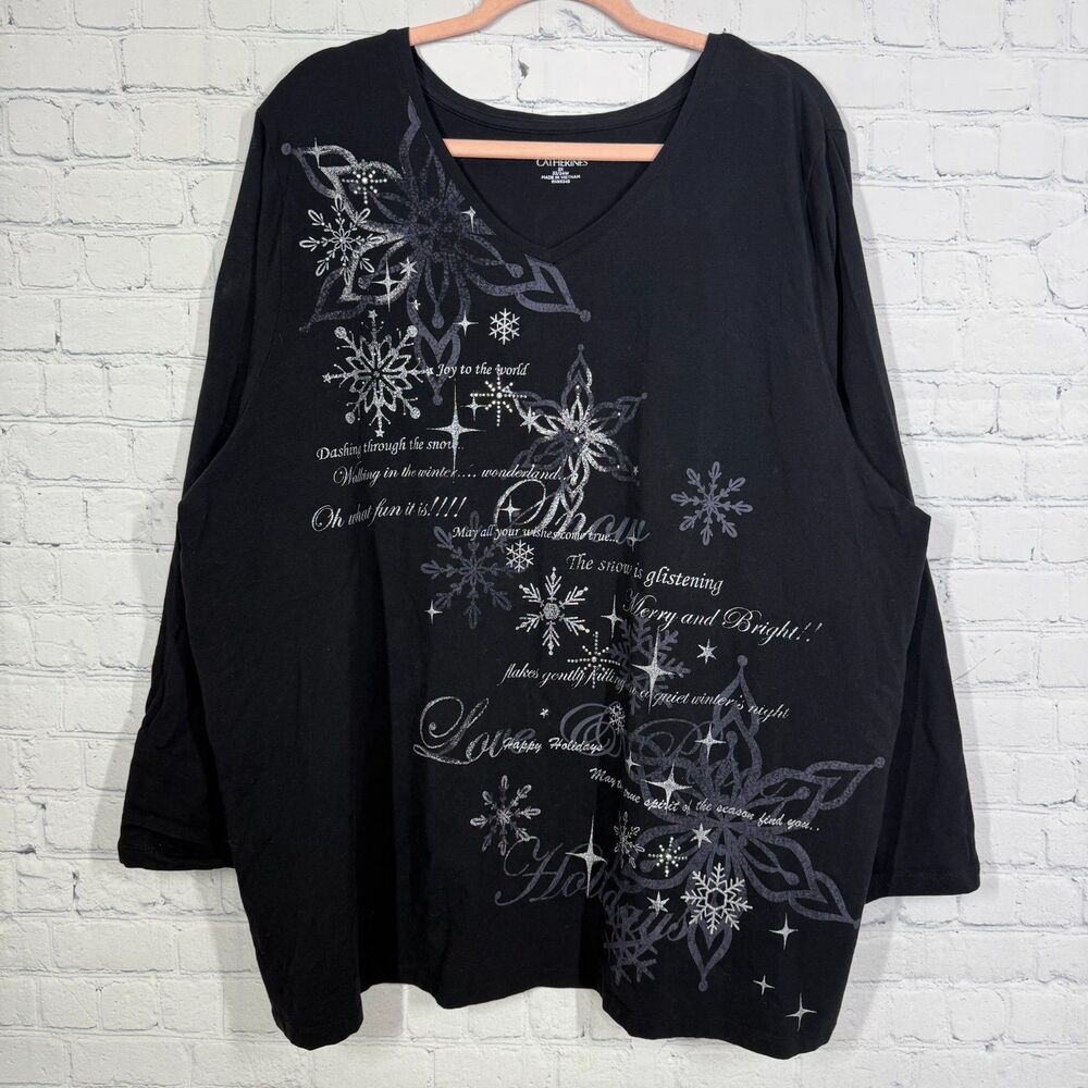Catherine's Tunic Women Plus Size 2X Black Bling Snowflake Holidays Christmas